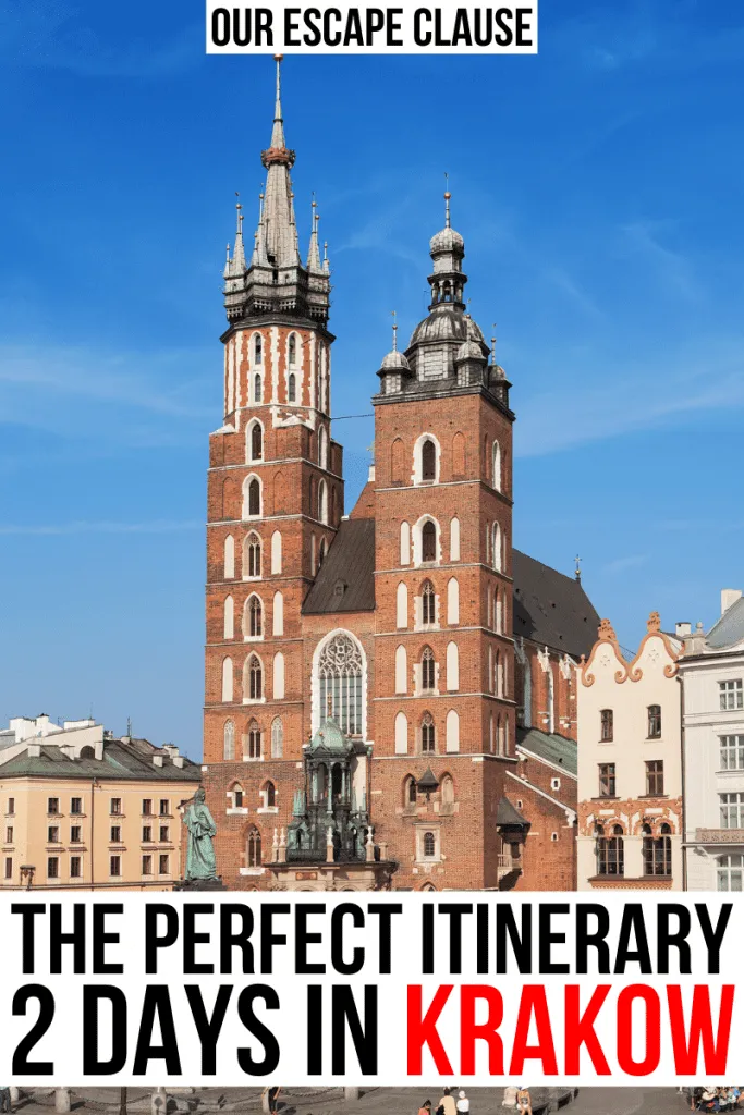 波兰克拉科夫的圣玛丽大教堂照片，白底黑红相间的文字写着“克拉科夫完美行程2日”