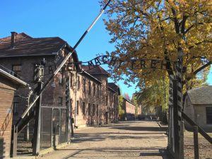 从克拉科夫迎接参观奥斯维辛集中营的人们的臭名昭著的大门，上面写着“工作会让你自由”。