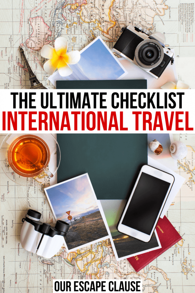 手机、相机和照片被平铺在一张地图上，白底黑红相间的文字写着“终极国际旅行清单”。必威体育官方登录