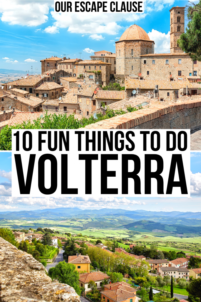 两张意大利沃尔泰拉的照片，一张是城市风景，一张是托斯卡纳乡村。白底黑字写着“volterra的10件有趣的事情”