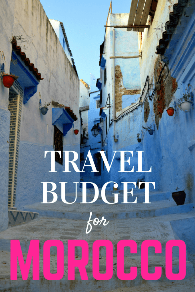 摩洛哥chefchaouen的蓝色街道，白色和粉色的文字写着“摩洛哥旅游预算”。必威体育官方登录