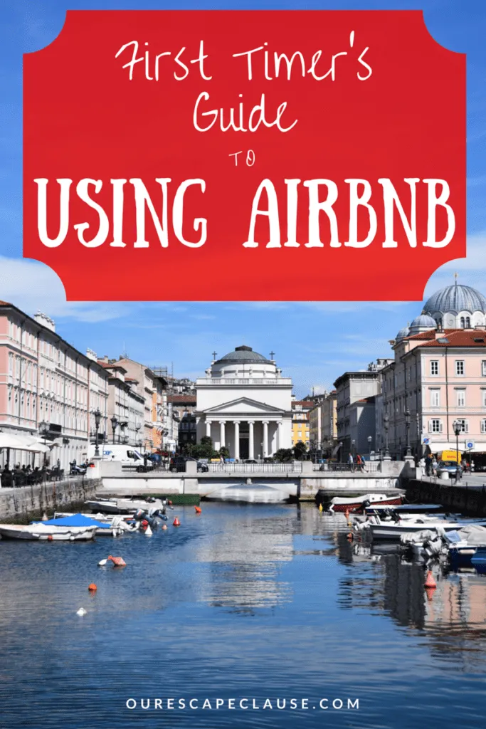 意大利的里雅斯特港的照片，红色背景白字写着“第一次使用airbnb指南”。