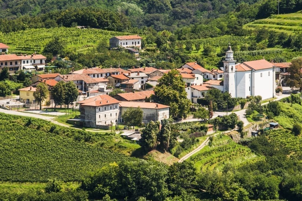 从上面看，布尔达地区的村庄被葡萄藤环绕，是斯洛文尼亚最好的旅游胜地之一