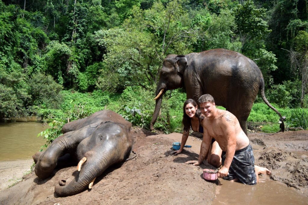 凯特和杰里米在泰国徒步旅行时，带着两头给他们洗澡的大象