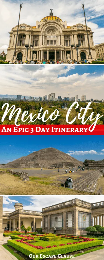 几张墨西哥城观光照，红色底色白字写着“墨西哥城3日行程”