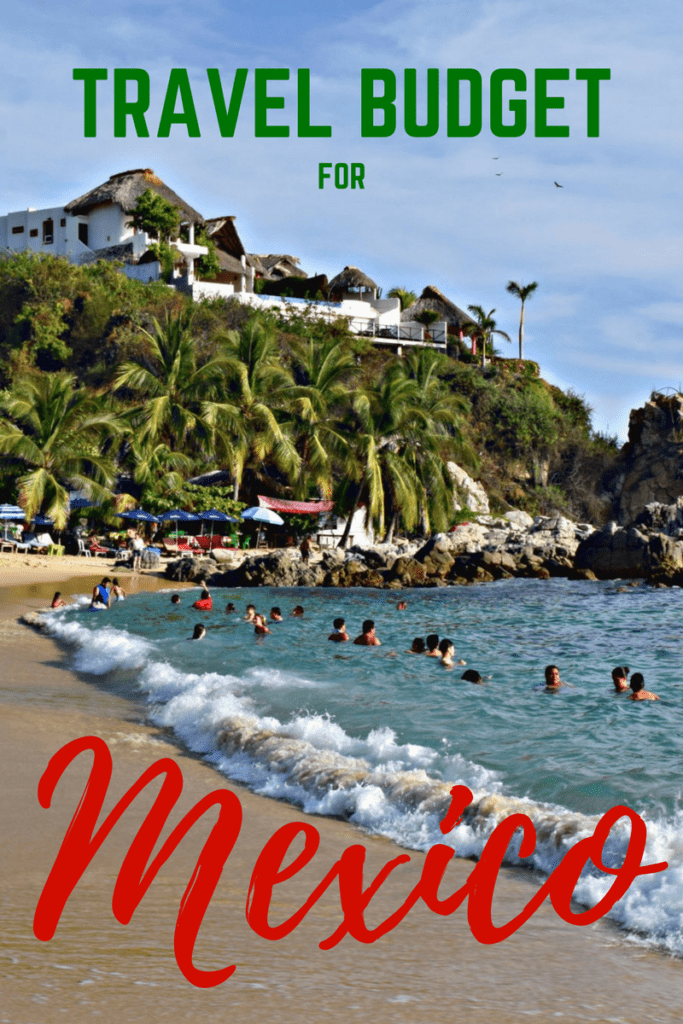 埃斯孔迪多港的海滩照片，人们在游泳，绿色和红色的文字写着“墨西哥旅行预算”必威体育官方登录