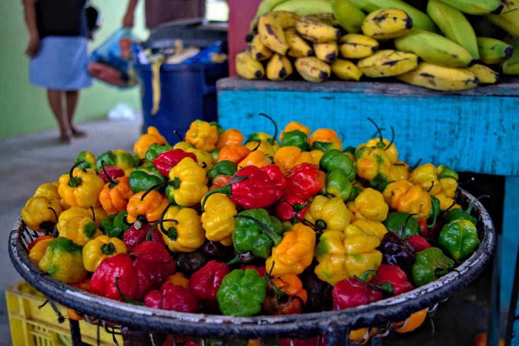 在圣伊格纳西奥伯利兹市的一个市场上出售的辣椒和香蕉