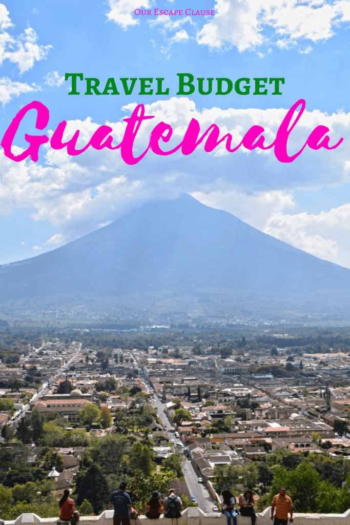 图为危地马拉安提瓜的火山景色，绿色和粉色文字显示“危地马拉旅游预算”。必威体育官方登录
