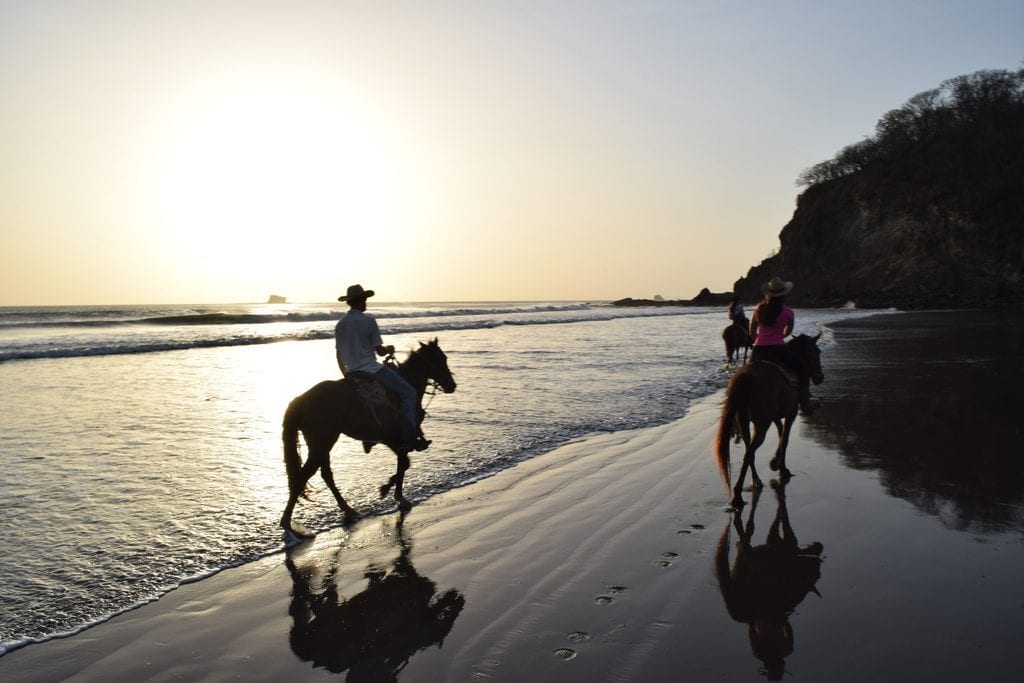 日落时分，一群骑马的人在海滩上骑马