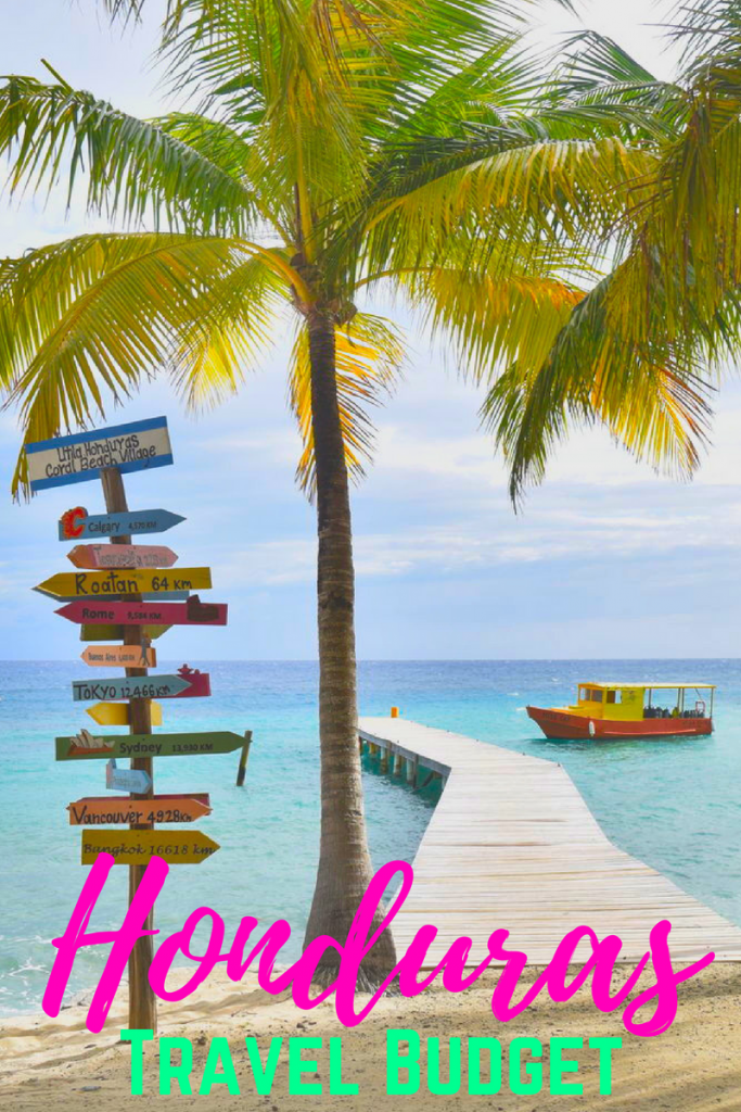 码头的照片与彩色的标志和棕榈树在utila，粉红色和绿色的文字读“洪都拉斯旅游预算”在图像的底部必威体育官方登录