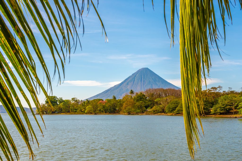 透过棕榈叶看到的尼加拉瓜ometepe火山的概念