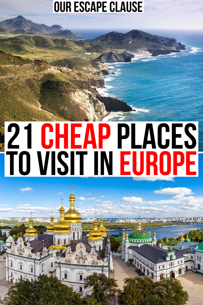 欧洲的2张照片:西班牙海岸和基辅的教堂。白色背景上黑红相间的文字写着“欧洲21个廉价旅游胜地”。
