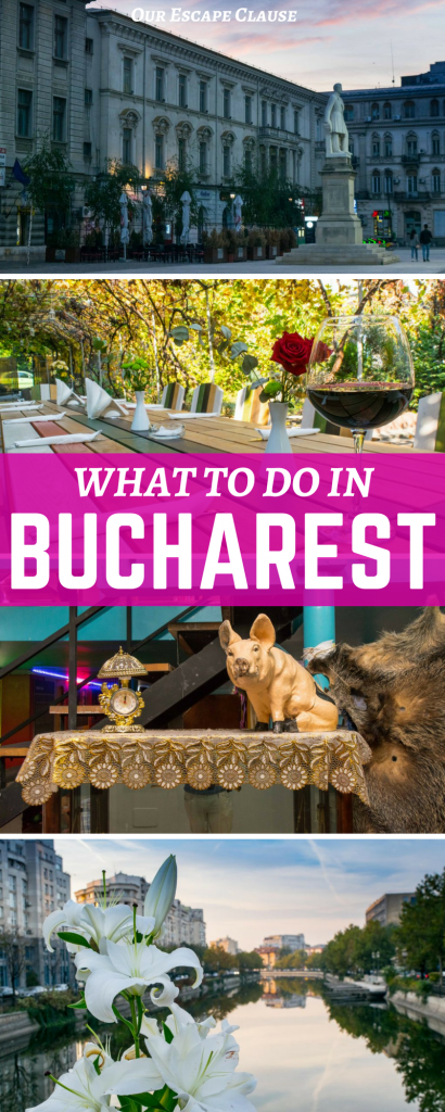 罗马尼亚布加勒斯特著名景点的4张照片，粉红色背景上的白字写着“在布加勒斯特做什么”。