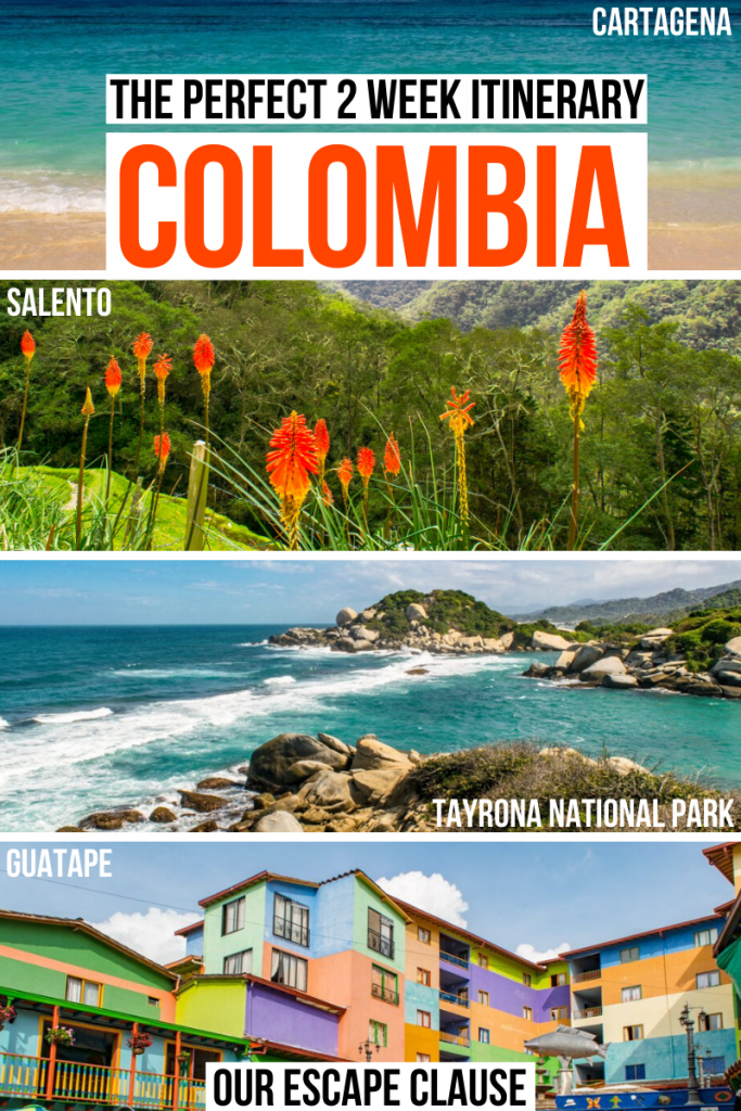 哥伦比亚的四张照片:普拉亚布兰卡，科科拉山谷，泰罗纳国家公园，瓜塔佩市。白色背景上黑色和橙色的文字写着“哥伦比亚完美的两周行程”