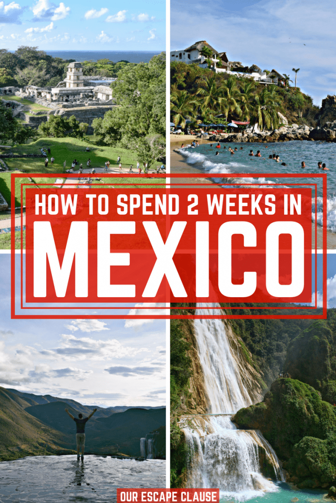 4张墨西哥废墟、海滩和瀑布的照片，红色底色，白色字体:墨西哥2周行程:墨西哥背包旅行路线