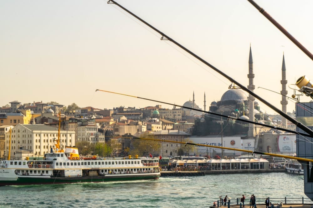伊斯坦布尔加拉塔桥上的鱼竿，背景中可见一座清真寺