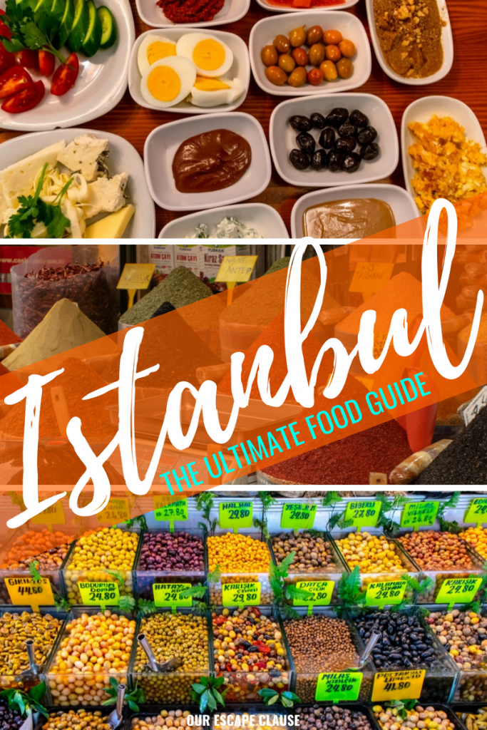 3张典型伊斯坦布尔美食的照片，橙色背景的白色文字写着“伊斯坦布尔美食指南”