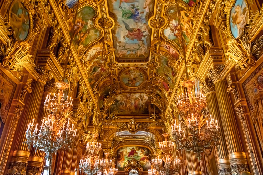 hall of mirrors in palais garnier, one of the most romantic places in paris france