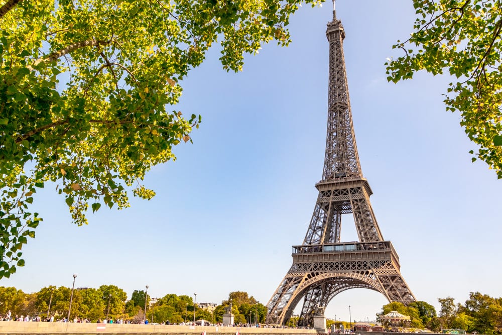 法国巴黎的埃菲尔铁塔被树木包围