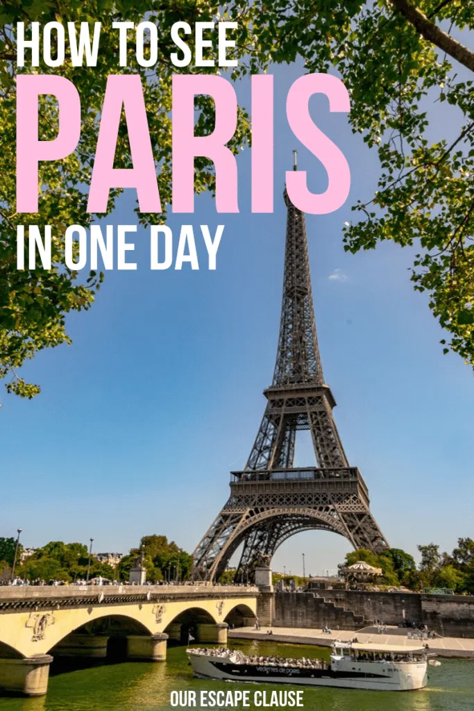 埃菲尔铁塔的照片，前景是塞纳河。白色和粉色的文字写着“如何在一天内游览巴黎”
