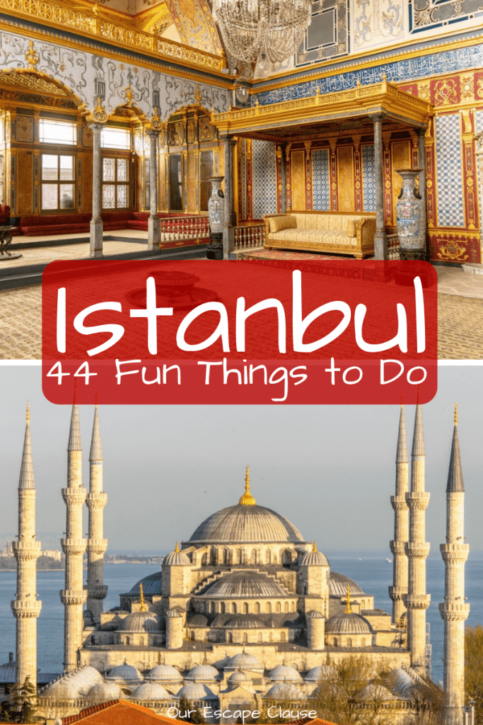 伊斯坦布尔的2张照片，圣索菲亚大教堂和托卡皮宫。红色背景白字写着“伊斯坦布尔44件有趣的事”