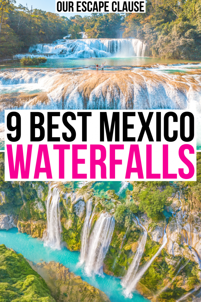 agua azul和tamul瀑布的照片，白色背景的黑色和粉色文字写着“墨西哥9个最好的瀑布”。