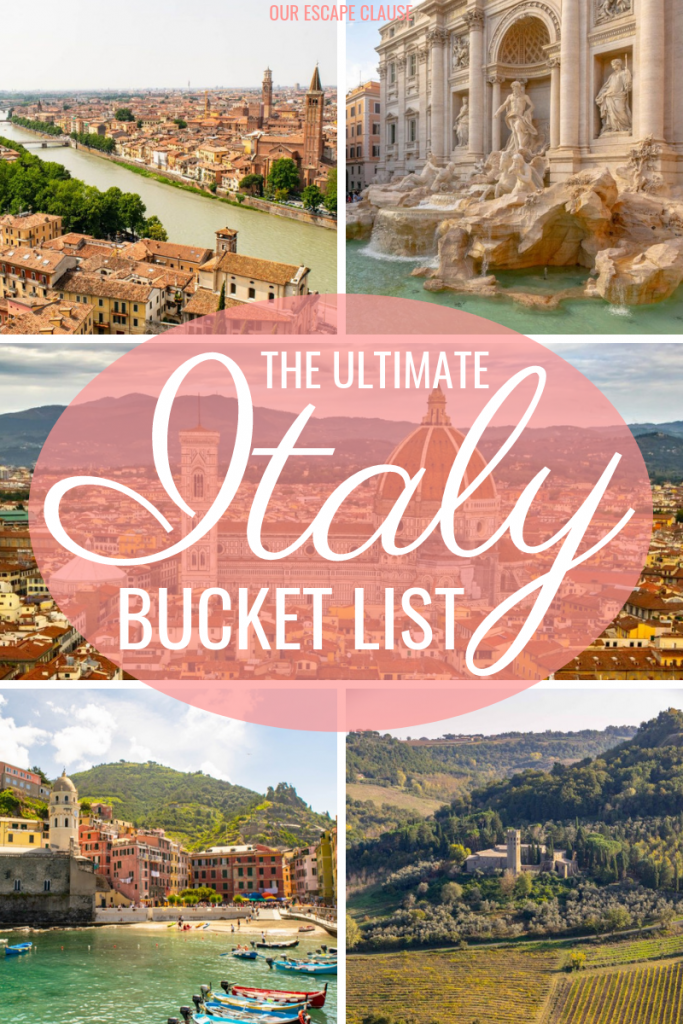 意大利的几张照片，包括维罗纳、罗马和五渔村。粉色背景上的白字写着“意大利终极遗愿清单”