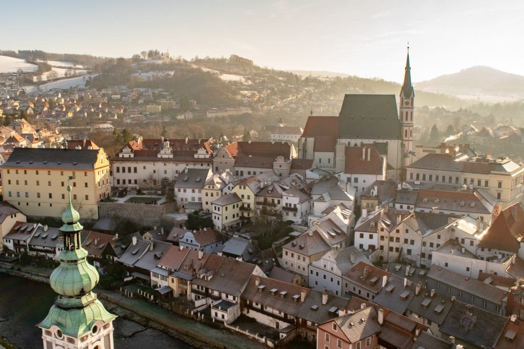 View of Cesky Krumlov from above--one of our top Europe travel tips is to leave the big cities to explore incredible small towns like this during your trip
