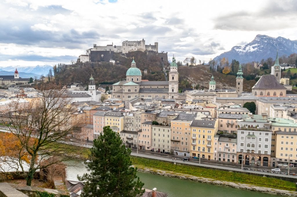 Skyline of Salzburg Austria as seen from above on a cloudy day