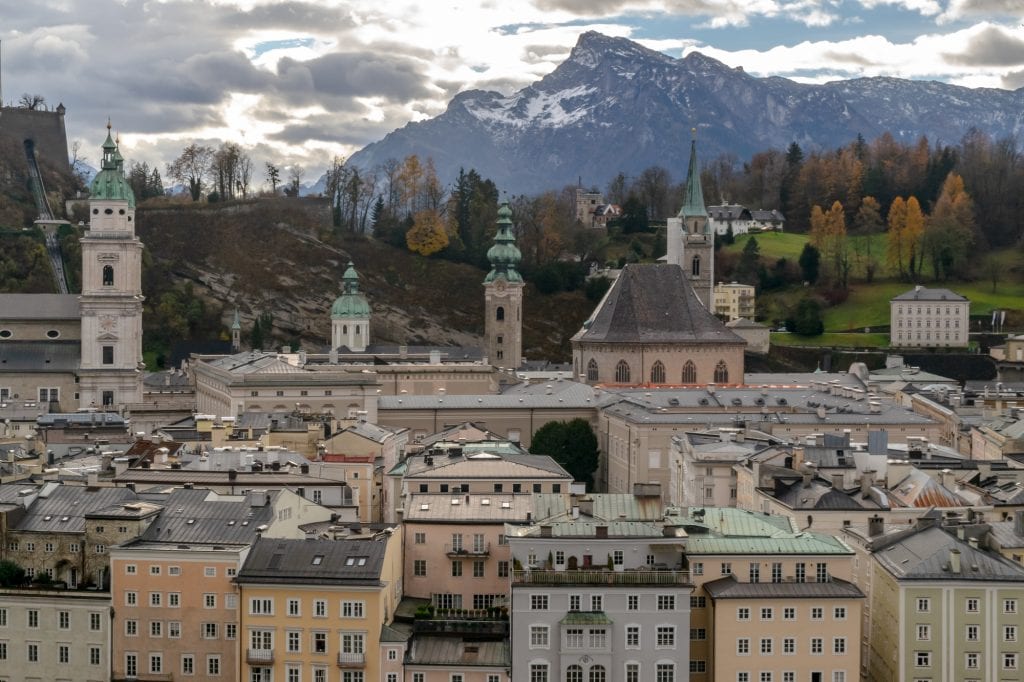 萨尔茨堡的冬天:城市和阿尔卑斯山的风景