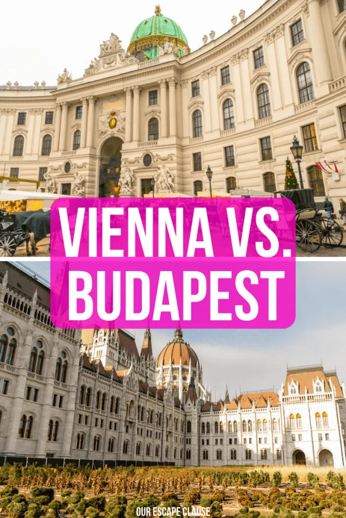 维也纳:维也纳的西班牙骑术学校和布达佩斯的匈牙利议会。粉色背景上的白字写着“维也纳vs布达佩斯”。