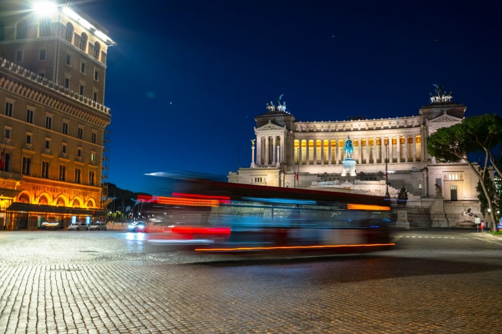 Bus in front of Altar to the Fatherland at night: What to Do in Rome at Night