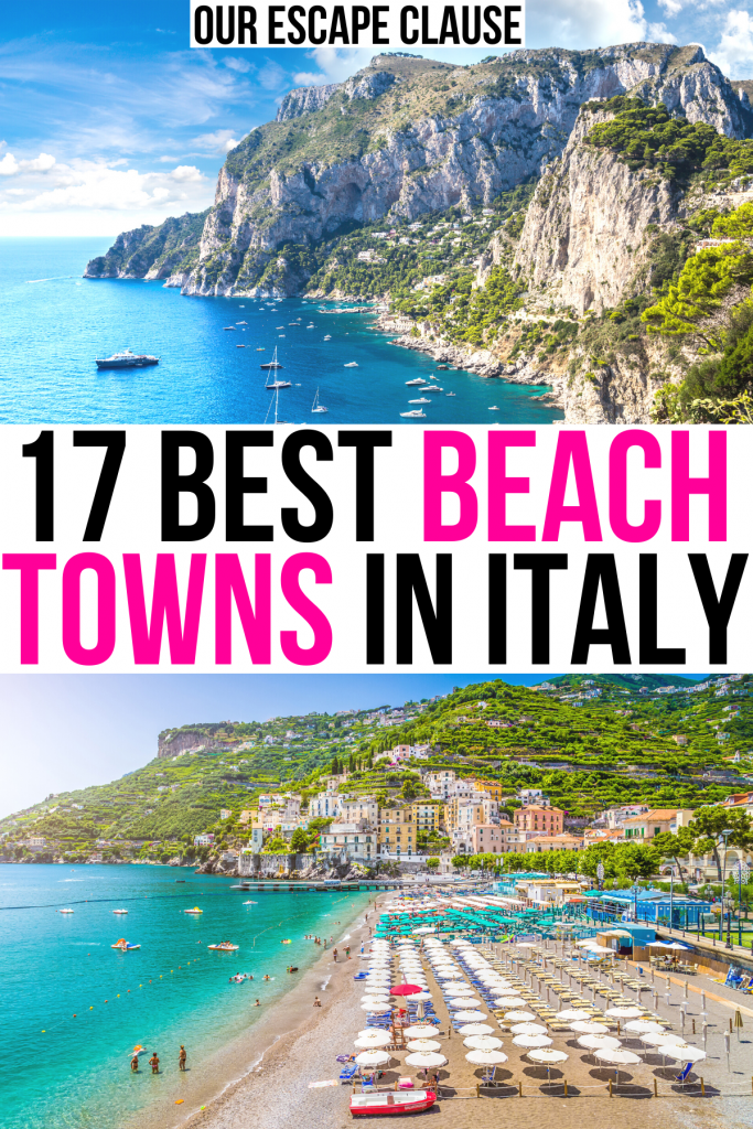 意大利卡普里和阿马尔菲海岸的2个海滩，白色背景上黑色和粉色的文字写着“意大利17个最好的海滩小镇”