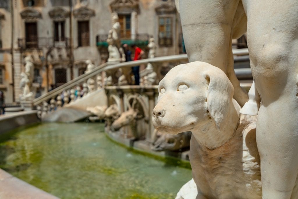 比勒陀利亚喷泉上的狗雕刻特写，巴勒莫有趣的事情