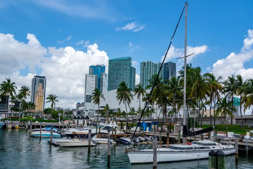 迈阿密的港口。画面的前景是一艘帆船，后面是几艘小船，后面是几座摩天大楼。