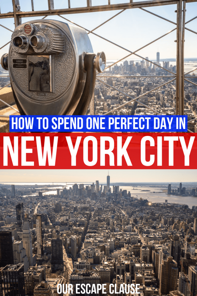 两张照片放在一起，第一张是帝国大厦顶上的一对经典双筒望远镜，第二张照片是从帝国大厦俯瞰曼哈顿下城。图片中央是红色和蓝色背景下的白字，上面写着“如何在纽约度过一天”。