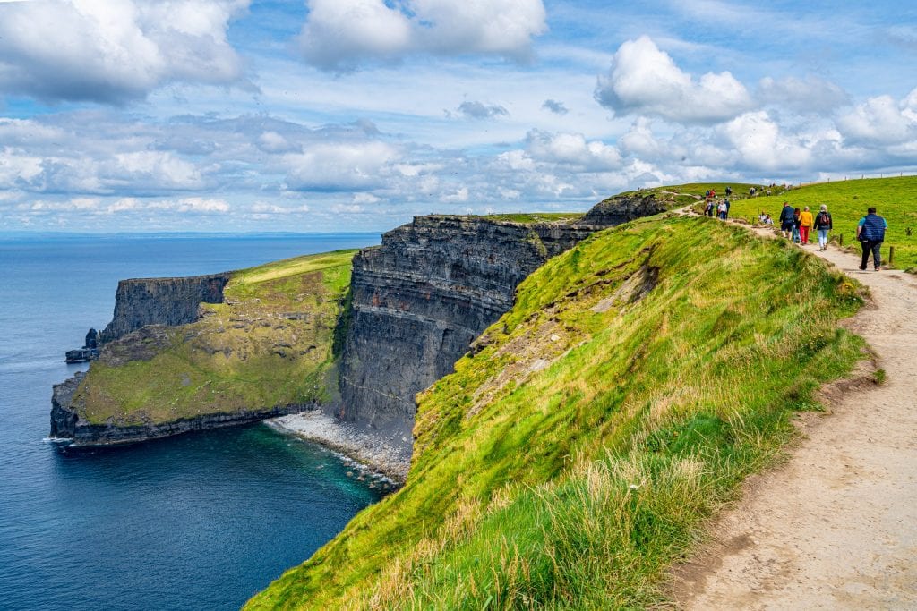 人们沿着爱尔兰杜林附近的莫赫海岸步道悬崖徒步，左侧可见一个小海滩
