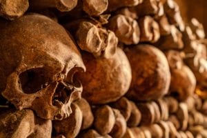 在参观巴黎地下墓穴时看到的堆叠的骨头，照片左侧的前景是一个头骨