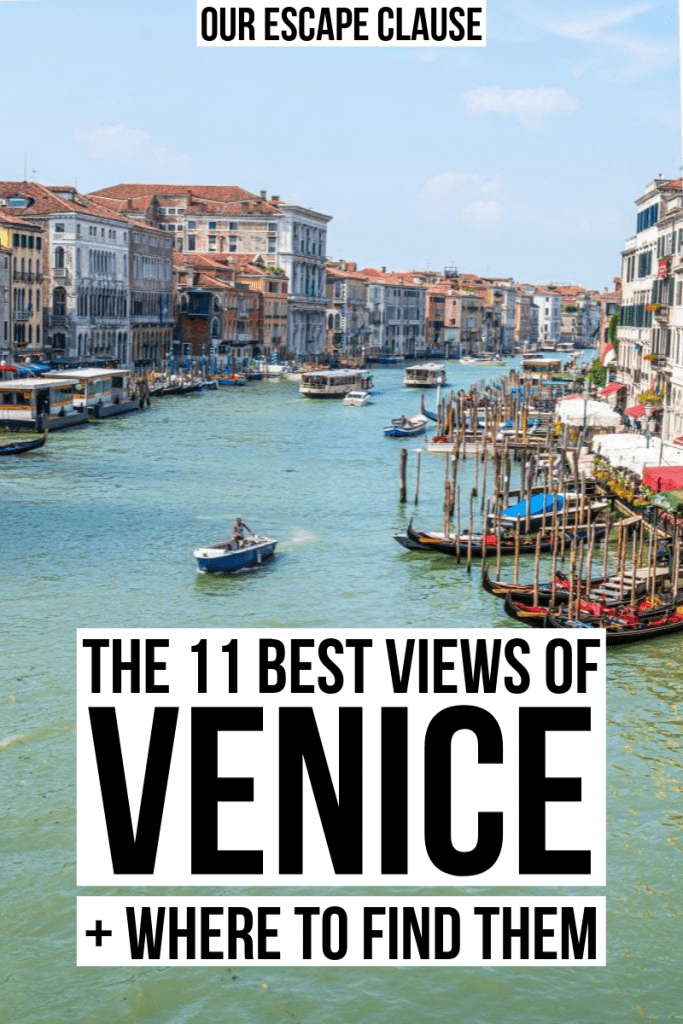 从上面拍摄的威尼斯大运河。白底黑字写着“威尼斯的11个最佳景点及其去处”