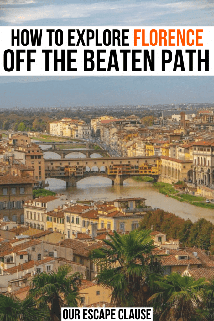 佛罗伦萨的阿诺河上有几座桥，白色背景上的黑色和橙色文字写着“如何探索佛罗伦萨的人迹”。