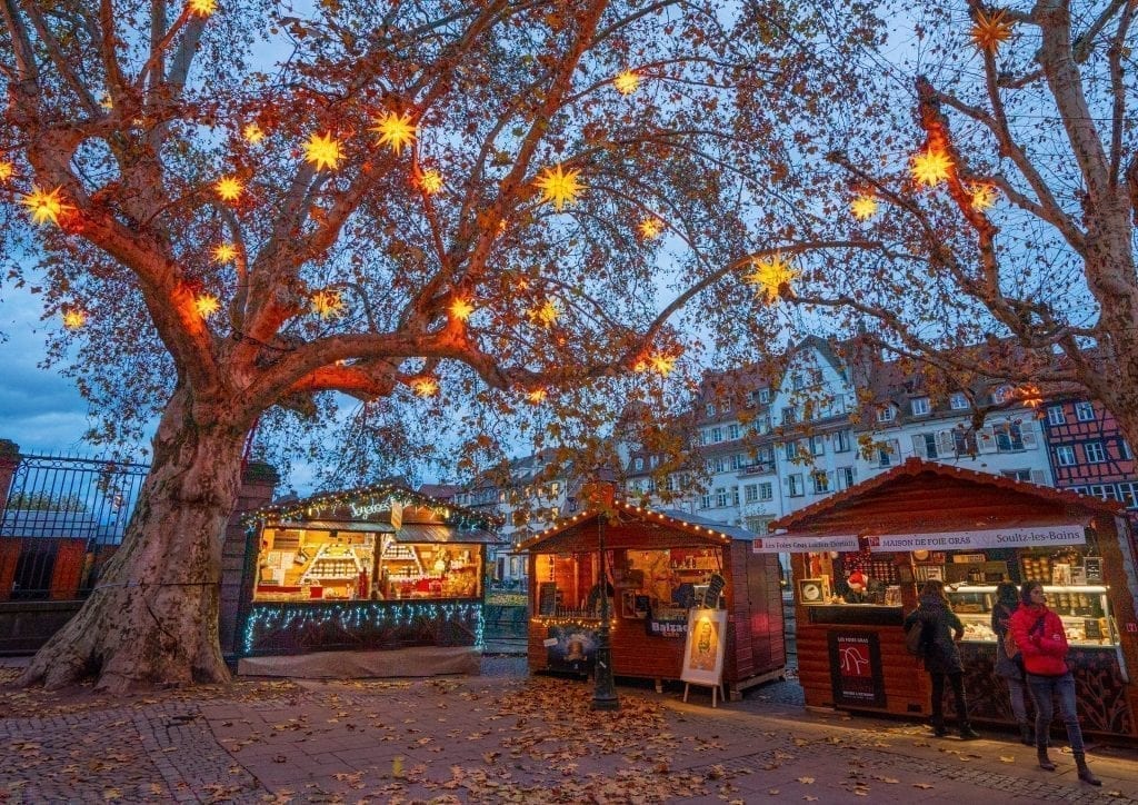 傍晚时分，斯特拉斯堡圣诞市场的摊位在一棵树下摆起，树上挂着灯