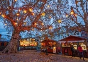 黄昏时分，斯特拉斯堡圣诞市场的摊位在树下亮起了灯