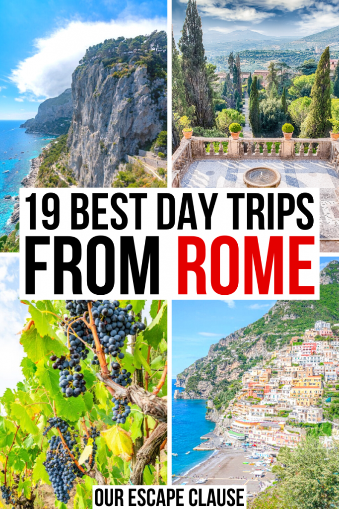 意大利的4张照片:capri, tivoli，托斯卡纳葡萄，波西塔诺。黑红相间的白底文字写着“意大利罗马21个最佳一日游”