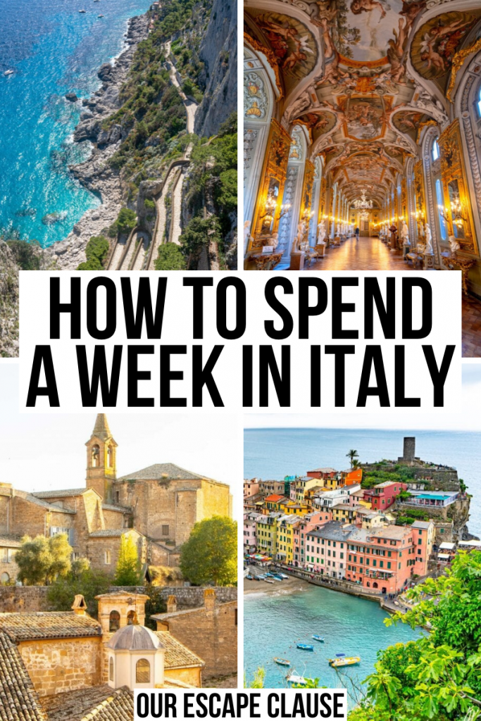 意大利的4张照片:Capri, Palazzo Doria Pamphilj, Orvieto, Vernazza。白底黑字写着“如何在意大利度过一周”