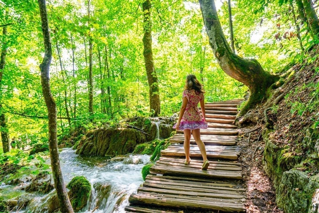 凯特·斯道姆在克罗地亚的Plitvice湖游览时，身着粉色连衣裙在木板路上旋转。树木环绕着木板路，水从下面流过。