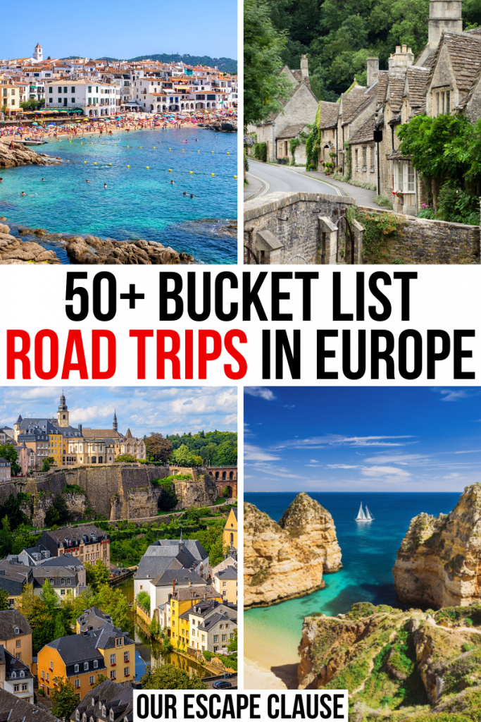 欧洲的4张照片:西班牙的海滩，科茨沃尔德村，卢森堡市和阿尔加维海岸。中间白底黑红相间的文字写着“欧洲50+愿望清单自驾游”。