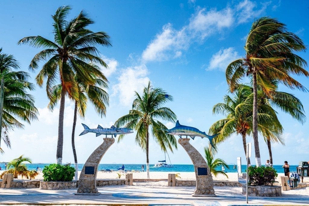 棕榈树和顶部有鲨鱼雕像的柱子构成了Isla Mujeres海滩的入口
