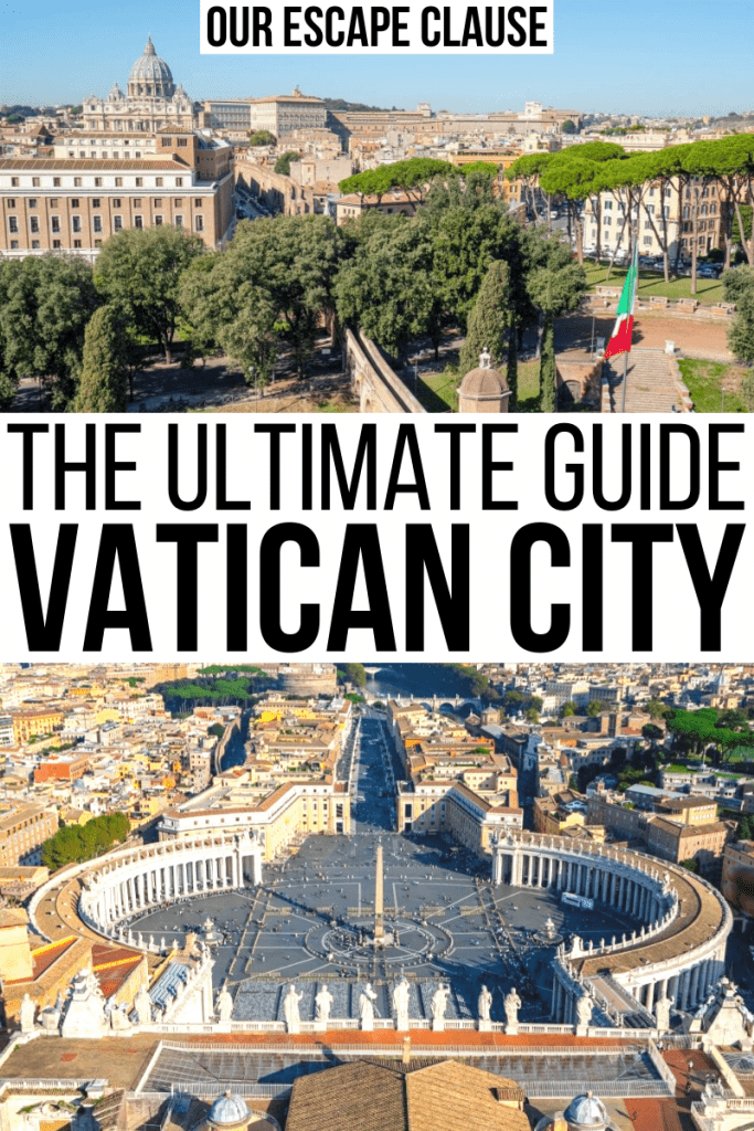 从上方俯瞰梵蒂冈城，俯瞰圣彼得广场。白底黑字“梵蒂冈城终极指南”