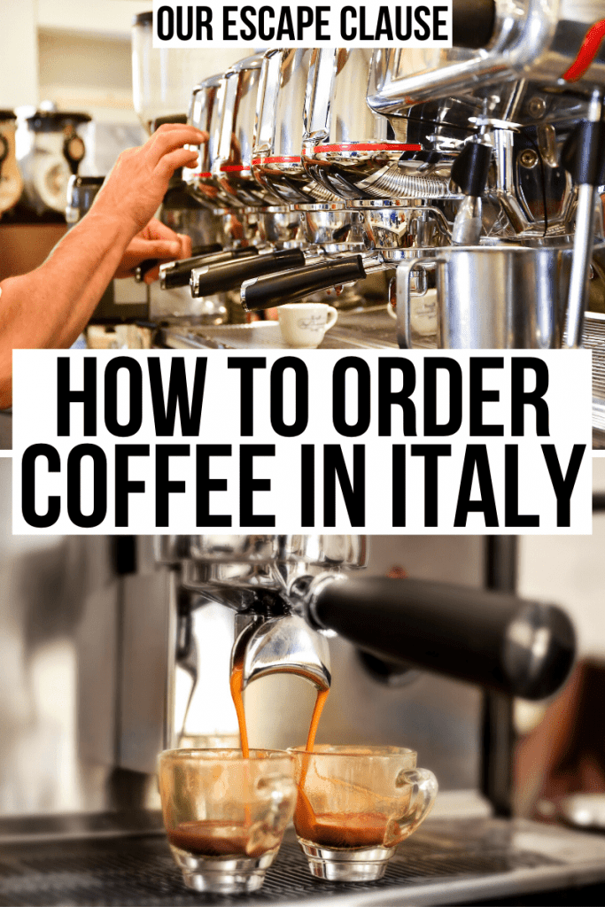 意大利一家咖啡吧制作浓缩咖啡的两张照片。白底黑字写着“如何在意大利点咖啡”