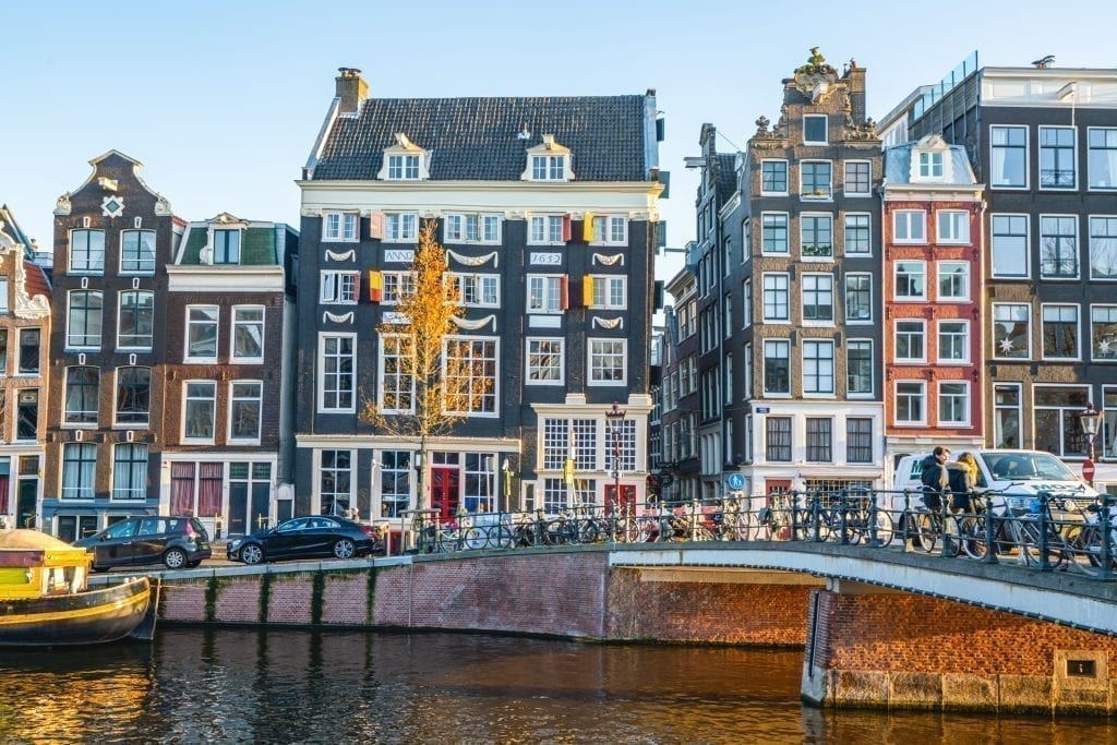 阿姆斯特丹运河，照片右侧可见一座桥